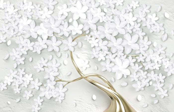 Papier peint  Fleurs blanches sur un arbre avec un effet 3D