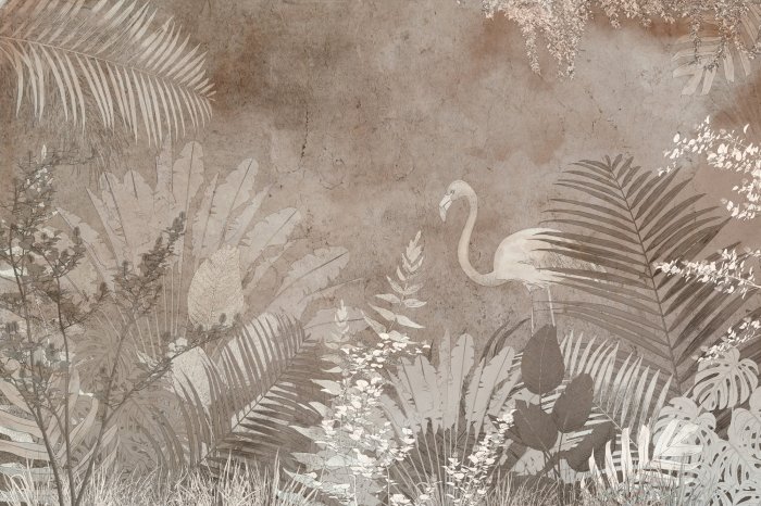 Papier peint  Une composition avec un flamant rose parmi la végétation tropicale