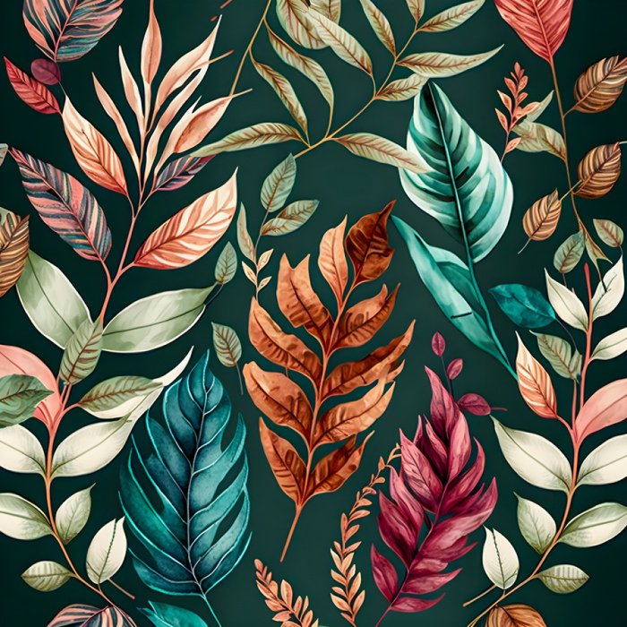 Tableau  Feuilles aquarelles colorées sur fond vert foncé