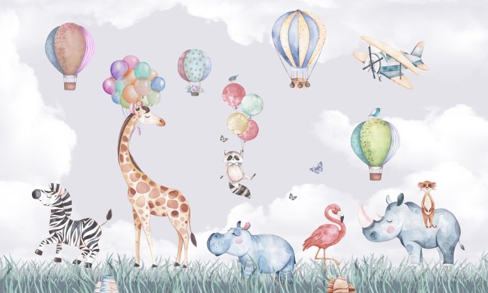 Papier peint  Motif d&#39;animaux en ballon et d&#39;avion dans un style aquarelle