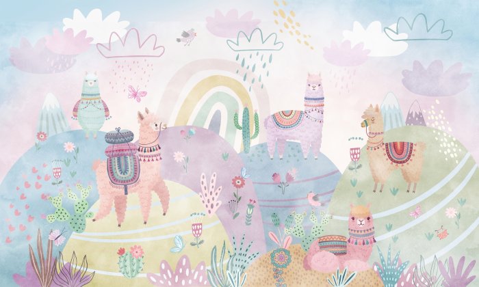 Papier peint  Lamas dans un monde de conte de fées, motif coloré pour enfants