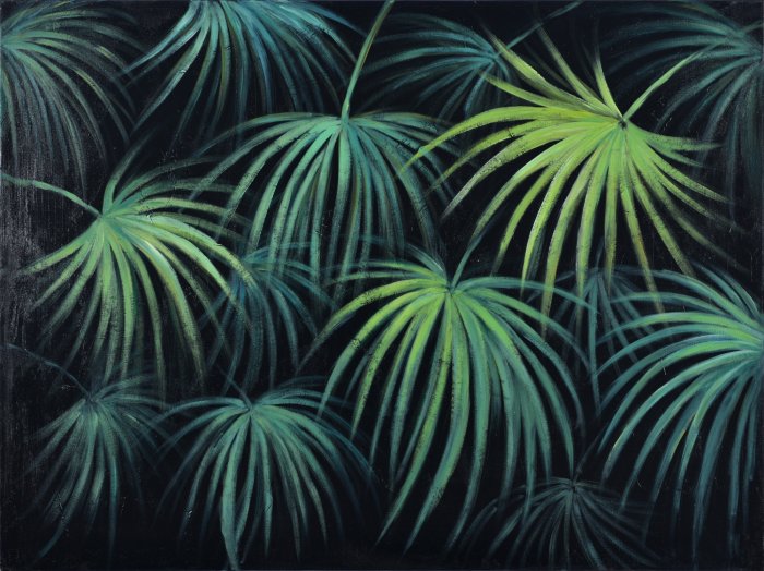 Papier peint  Feuilles tropicales vertes sur fond sombre