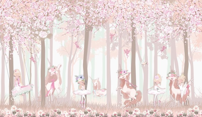 Papier peint  Princesses et licornes dans une forêt de conte de fées avec des fleurs