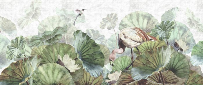 Papier peint  Oiseaux exotiques et nénuphars à l&#39;aquarelle