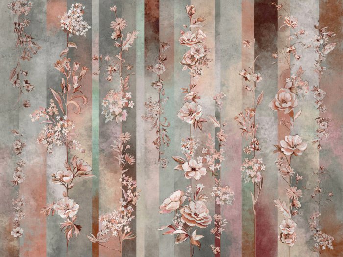 Papier peint  Fleurs sur vigne avec un fond rayé