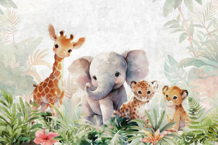 Papier peint  Motif animal et feuille à l&#39;aquarelle pour enfants