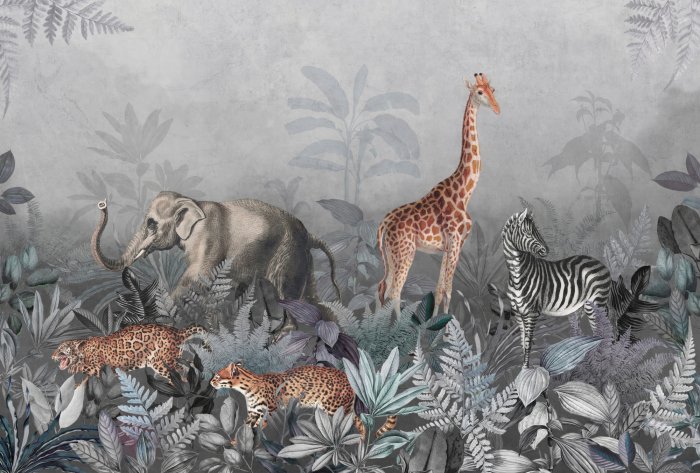 Papier peint  Safari d&#39;animaux sauvages parmi les plantes tropicales dans une jungle tropicale