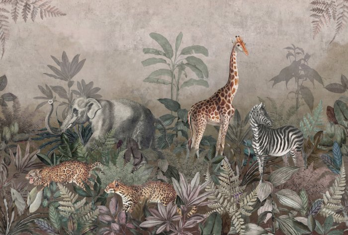 Papier peint  Animaux de safari et plantes tropicales dans la jungle dense
