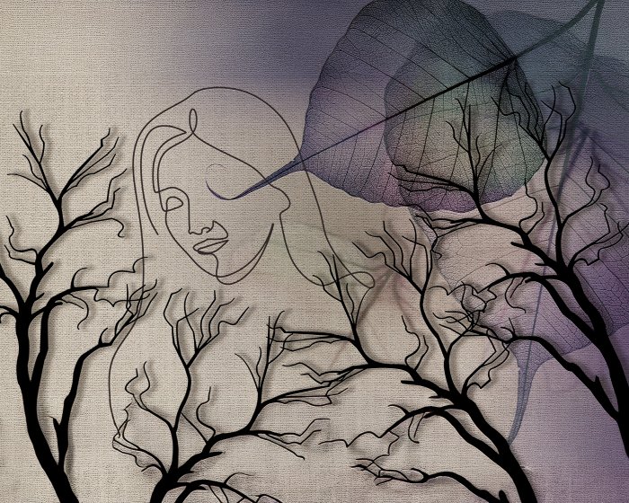 Papier peint  Croquis 3D d&#39;une femme parmi les branches et les feuilles des arbres