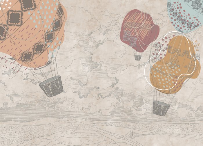 Papier peint  Paysage de style croquis beige avec des ballons