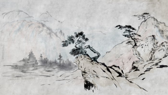 Papier peint  Paysage de style chinois composé d&#39;arbres et de montagnes