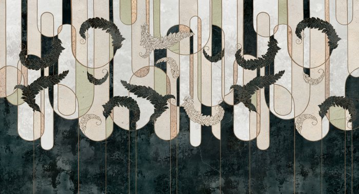 Papier peint  Feuilles sur un fond texturé géométrique