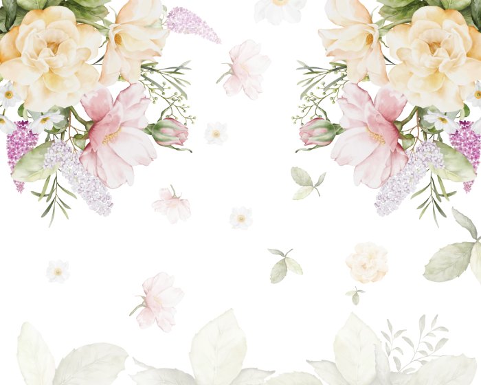 Papier peint  Aquarelle de fleurs et de feuilles sur fond blanc