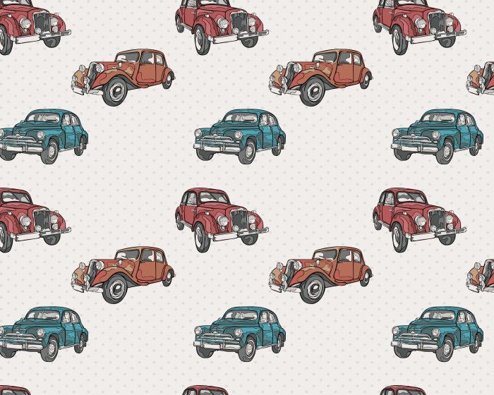 Papier peint  Voitures rétro sur fond à pois