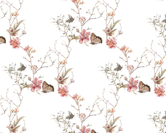 Papier peint  Papillons et fleurs dans un style aquarelle sur fond blanc