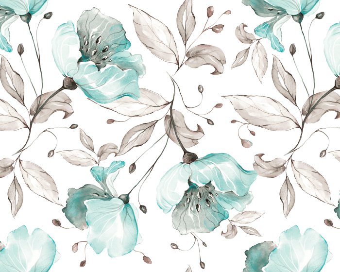 Papier peint  Fleurs et feuilles peintes à l&#39;aquarelle sur fond blanc