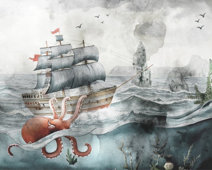 Papier peint  Modèle de bateau en mer et de pieuvre pour enfants