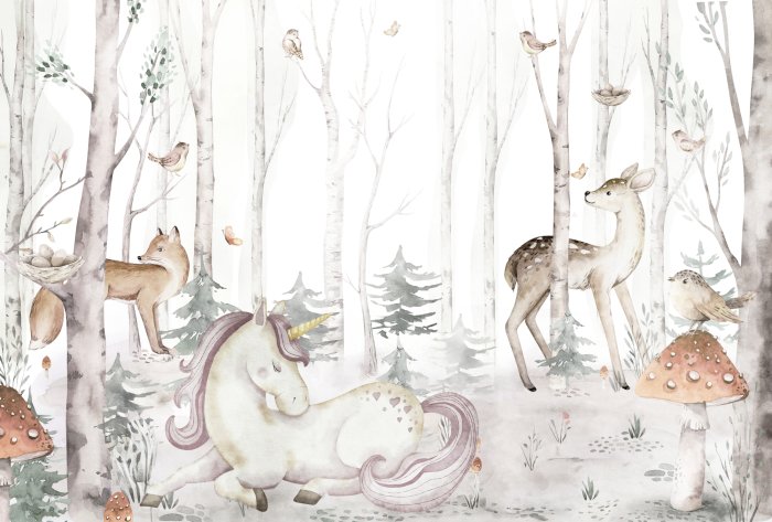 Papier peint  Une licorne et des animaux parmi les arbres dans une forêt de conte de fées