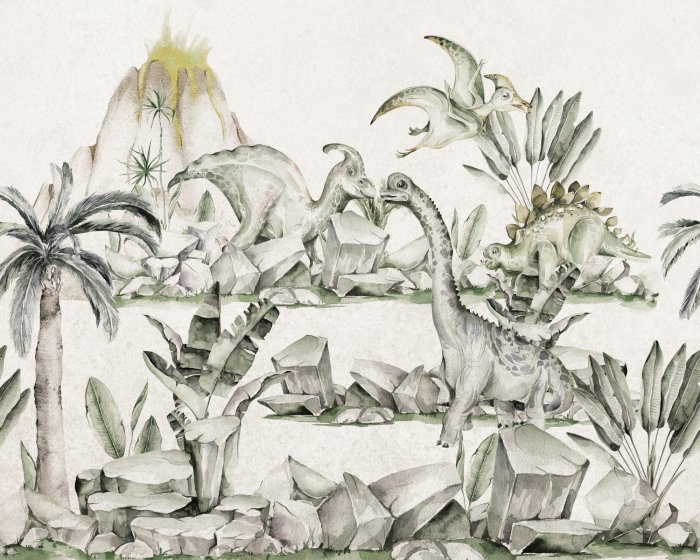 Papier peint  Dinosaures et plantes tropicales sur fond de volcan