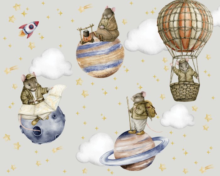 Papier peint  Animaux et planètes dans l&#39;espace sur fond d&#39;étoiles