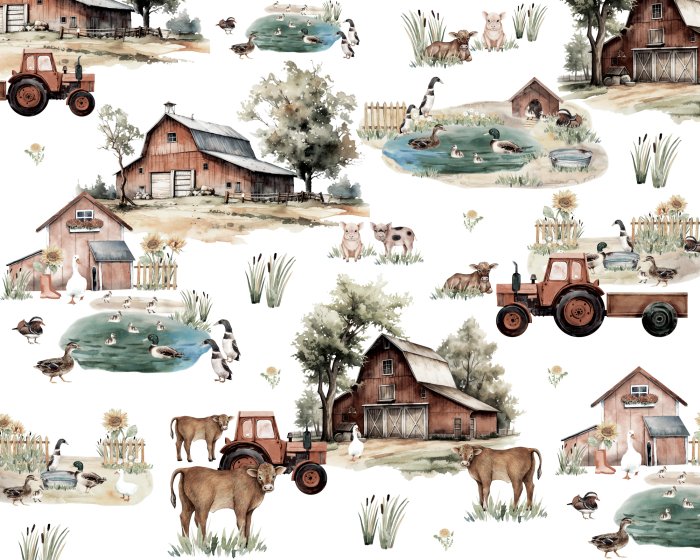 Papier peint  Aquarelle ferme avec animaux, modèle pour enfants