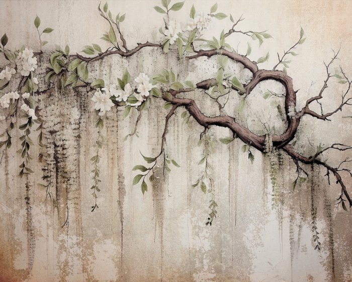 Papier peint  Fleurs blanches sur un arbre avec une texture de béton en arrière-plan