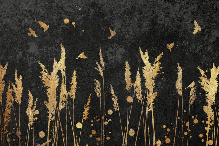 Papier peint  Graminées et oiseaux sur fond de béton noir