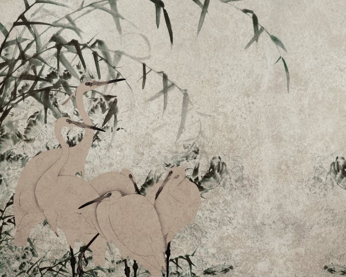 Papier peint  Hérons et branches de bambou vertes