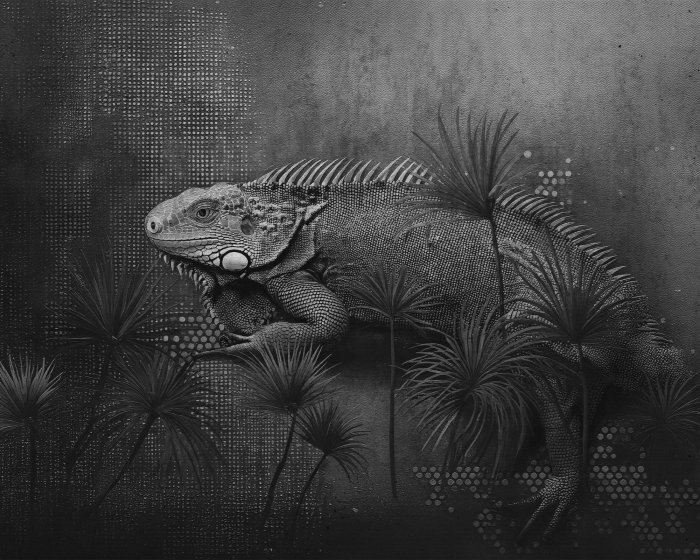 Papier peint  Caméléon et feuilles de palmier sur fond de béton