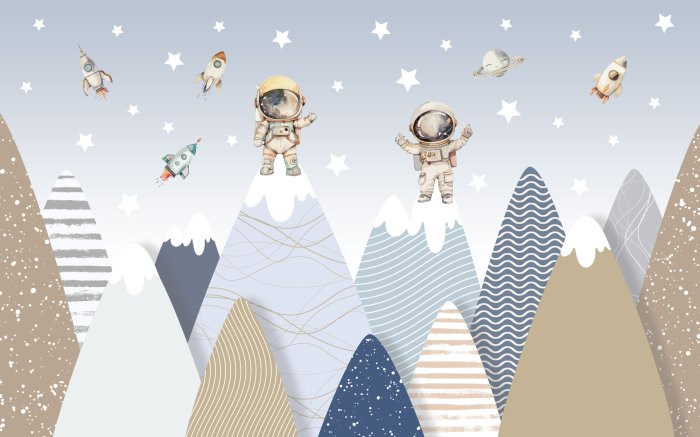 Papier peint  Modèle 3D de cosmonautes et de montagnes pour enfants