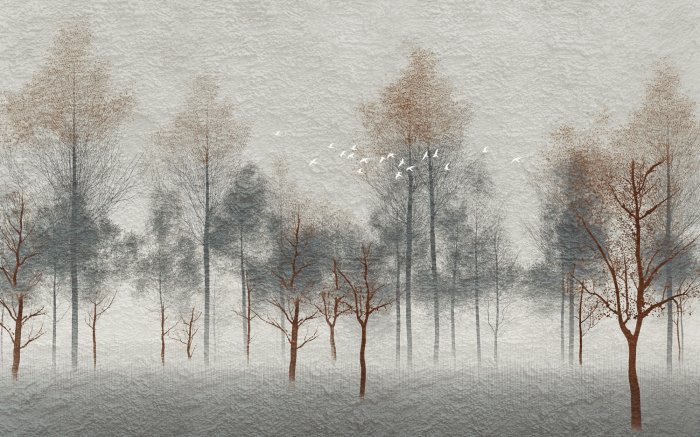Papier peint  Oiseaux blancs et paysage forestier brumeux