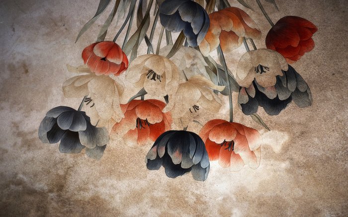 Papier peint  Tulipes rétro sur fond texturé