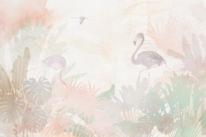 Papier peint  Flamants roses et feuilles tropicales dans un style aquarelle