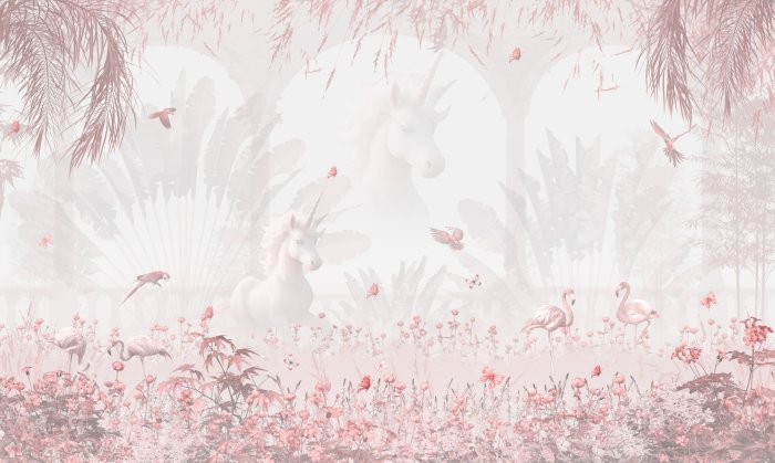 Papier peint  Licorne et flamants roses parmi des fleurs et des plantes roses