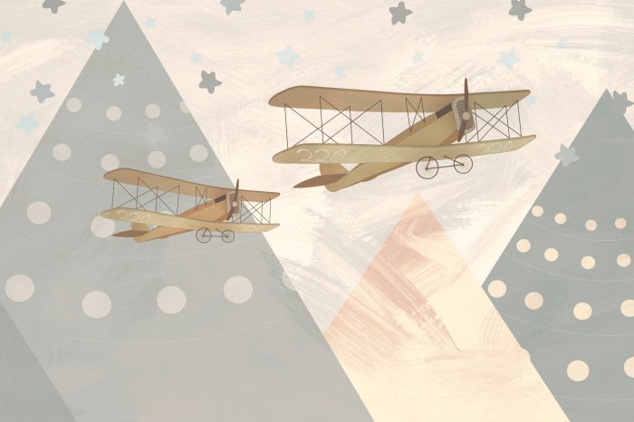 Papier peint  Avions et paysage de montagne abstrait pour les enfants