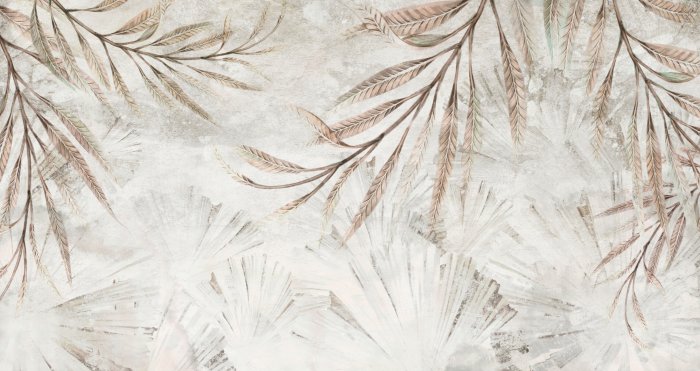 Papier peint  Feuilles tropicales sur un fond texturé dans des tons de gris