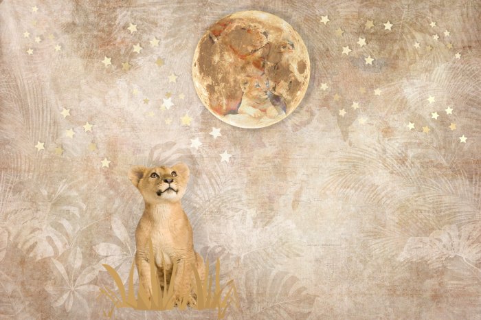 Papier peint  Un petit lion et une pleine lune sur un fond aquarelle