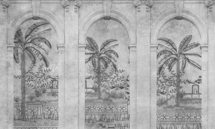 Papier peint  Palmiers et plantes tropicales parmi les arches architecturales
