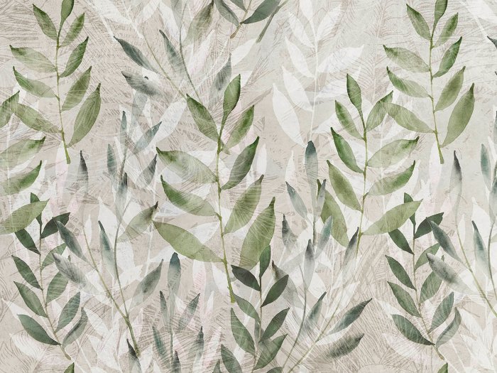Papier peint  Feuilles blanches et vertes dans un style aquarelle