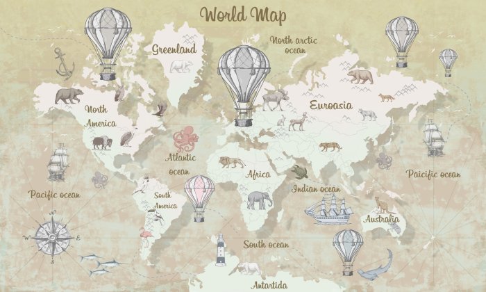 Papier peint  Carte du monde pour enfants avec des animaux