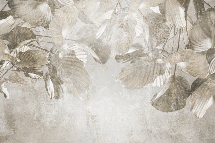 Papier peint  Feuilles tropicales sur béton dans des tons de gris