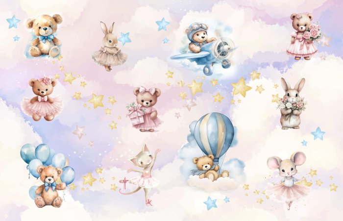 Papier peint  Animaux sur un ciel pastel dans un style aquarelle