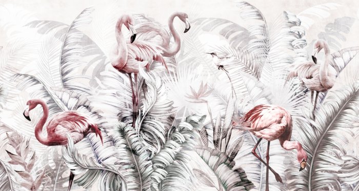 Papier peint  Flamants roses parmi de grandes feuilles tropicales