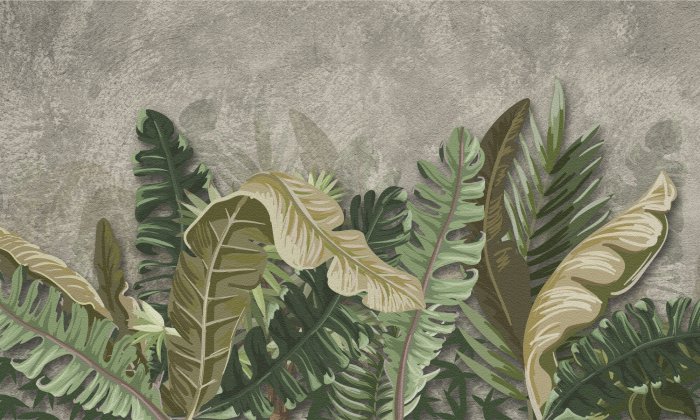 Papier peint  Grandes feuilles tropicales vertes sur fond gris