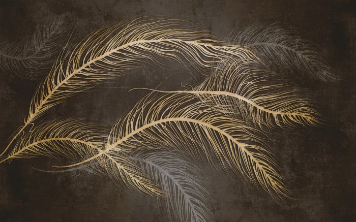 Papier peint  Plumes dorées abstraites en 3D sur fond sombre