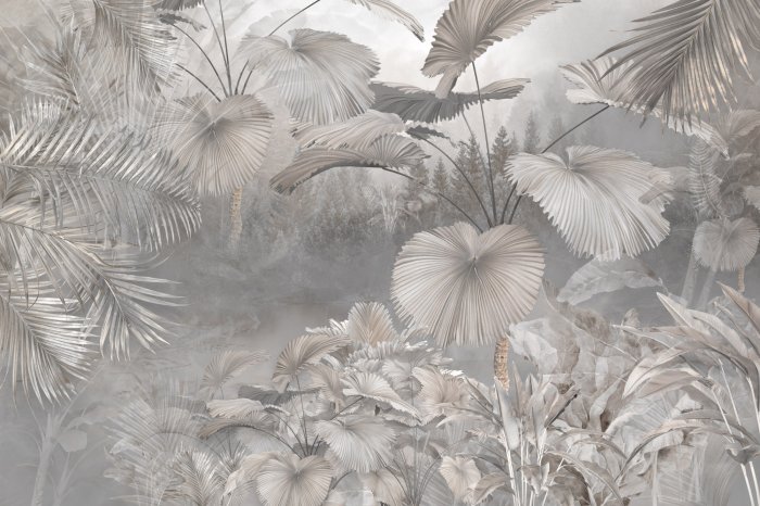 Papier peint  Forêt tropicale avec des plantes aux nuances de gris
