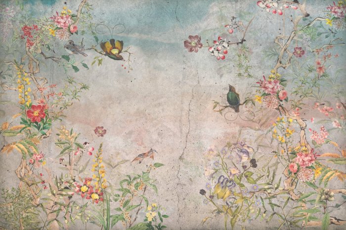 Papier peint  Fleurs et oiseaux dans un jardin coloré
