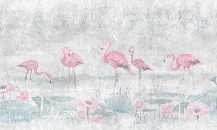Papier peint  Peinture murale de flamants roses et de nénuphars roses