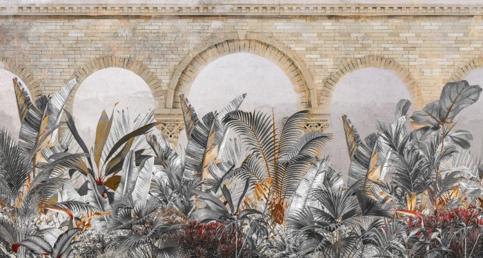 Papier peint  Plantes tropicales sur fond de mur avec arches