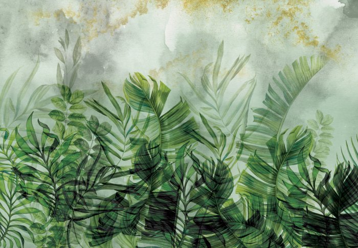 Papier peint  Feuilles sur fond aquarelle vert